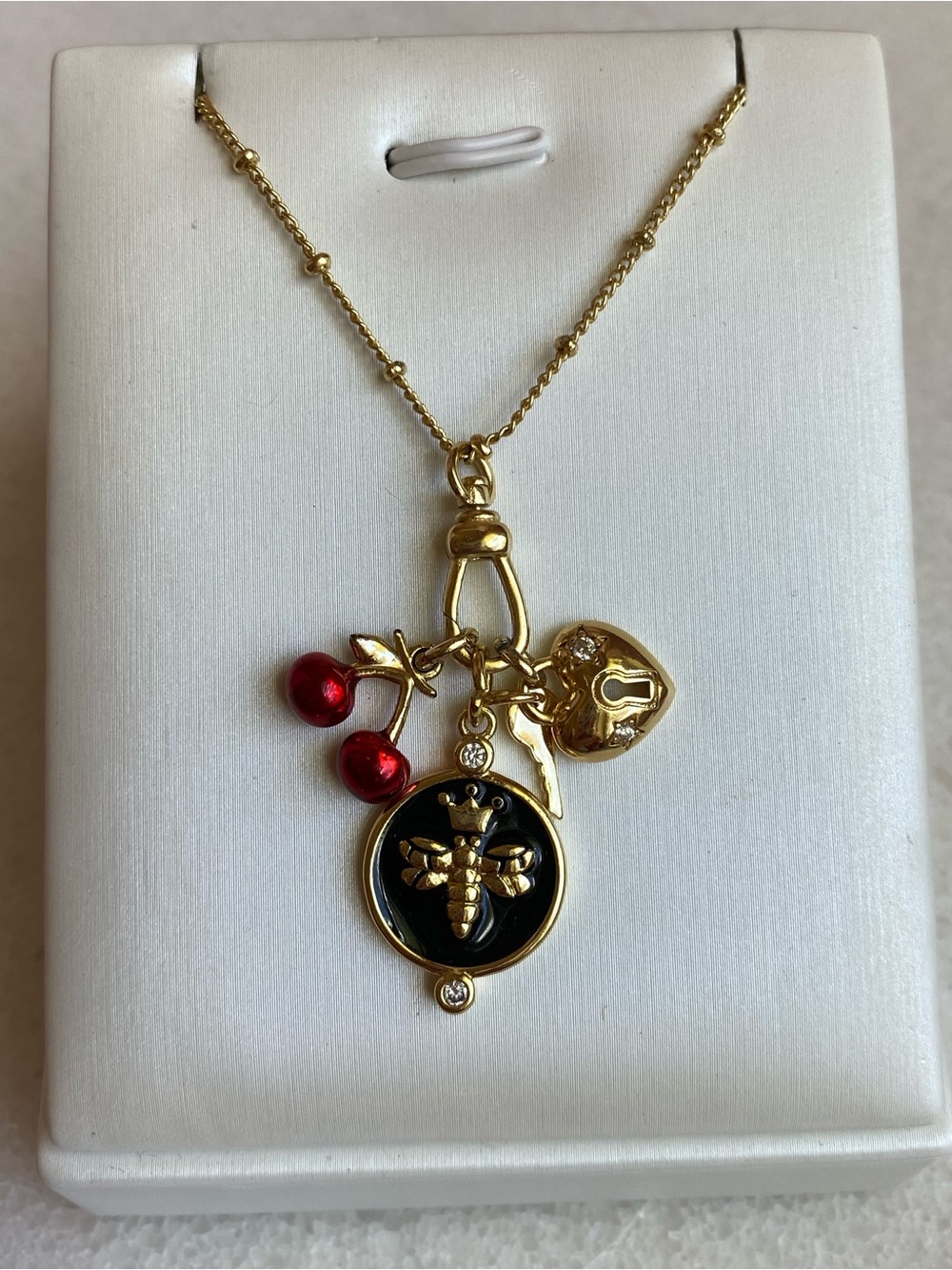 Gold Bee Charm Necklace with Red Cherry & Heart Charms